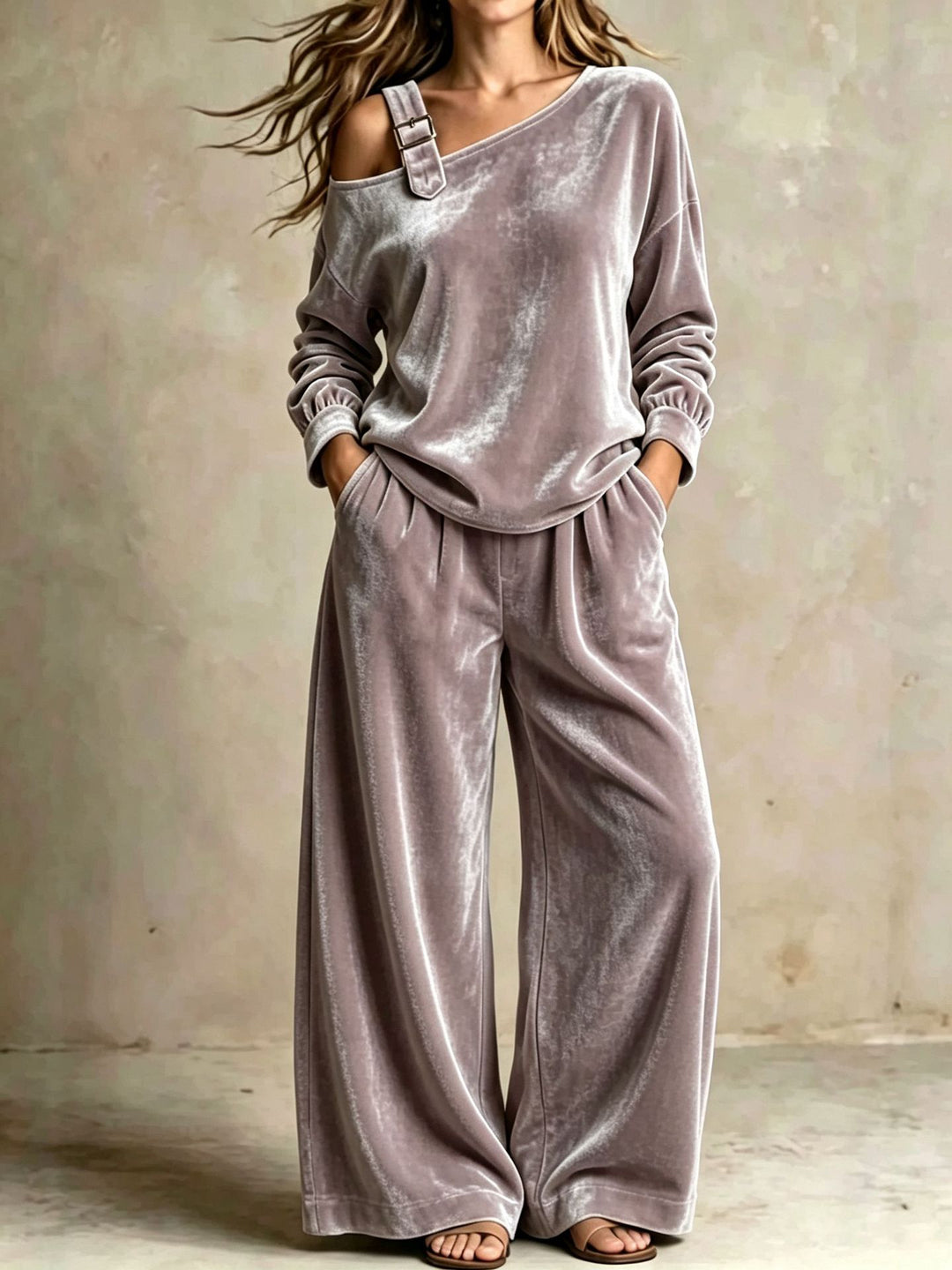 Velvet Off-Shoulder Two-Piece Set, Soft Matching Outfit