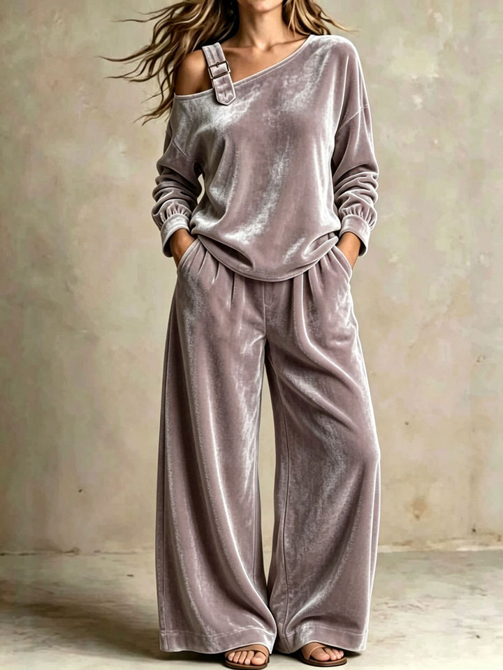 Velvet Off-Shoulder Two-Piece Set, Soft Matching Outfit