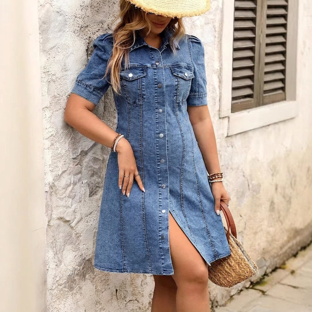 Women's Slim Fit Cotton Denim A-Line Shirt Dress with Button Details for Brunch Dates – Curve & Bloom