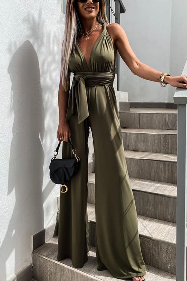 Edith - Solid Color Slim V Neck Lace Up Sleeveless Jumpsuit
