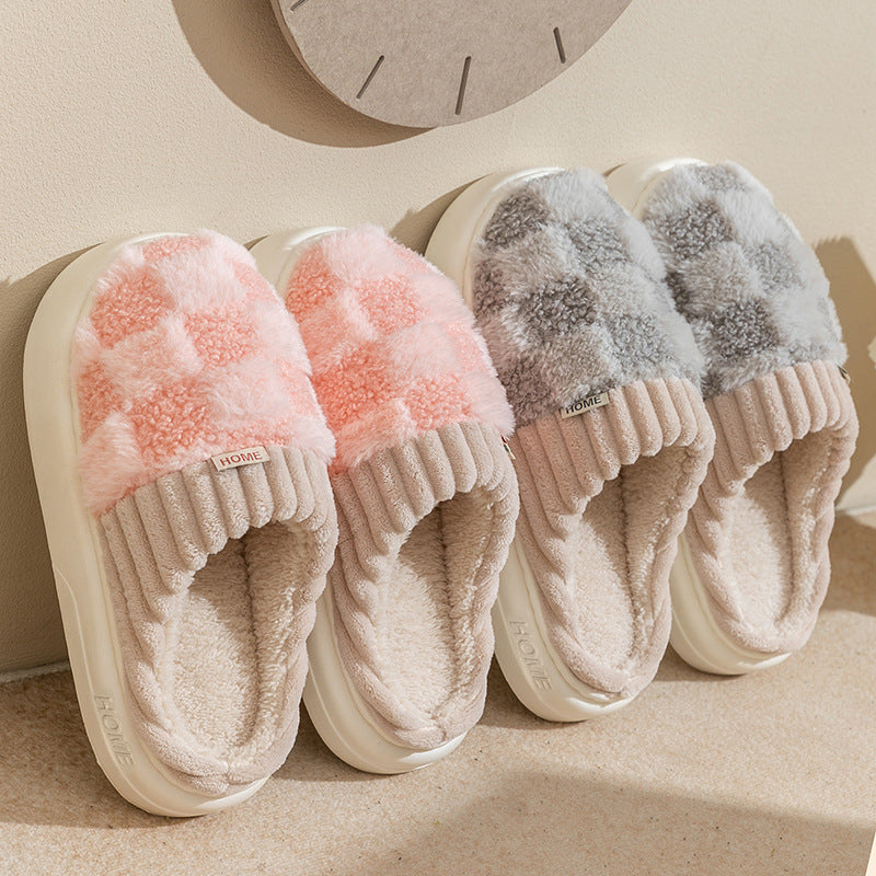 Plaid Plush Slippers for Women, Soft Sole and Non-Slip