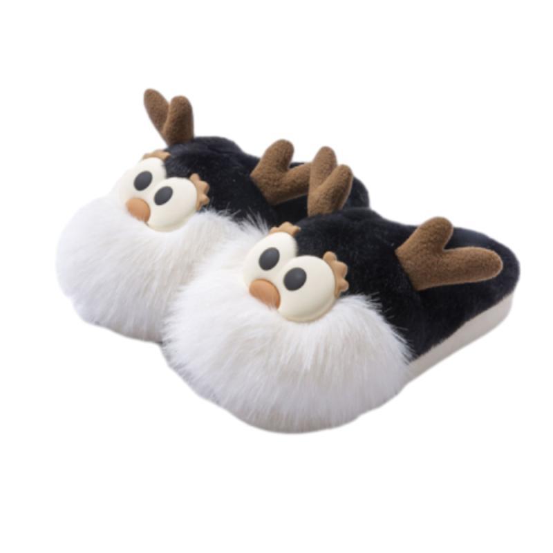 Cartoon Christmas Deer Slippers – Plush Half-Heel House Shoes