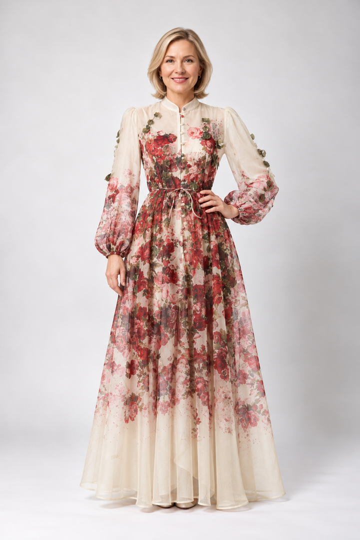 Sunniva | Floral Sheer Long Sleeve Maxi Dress