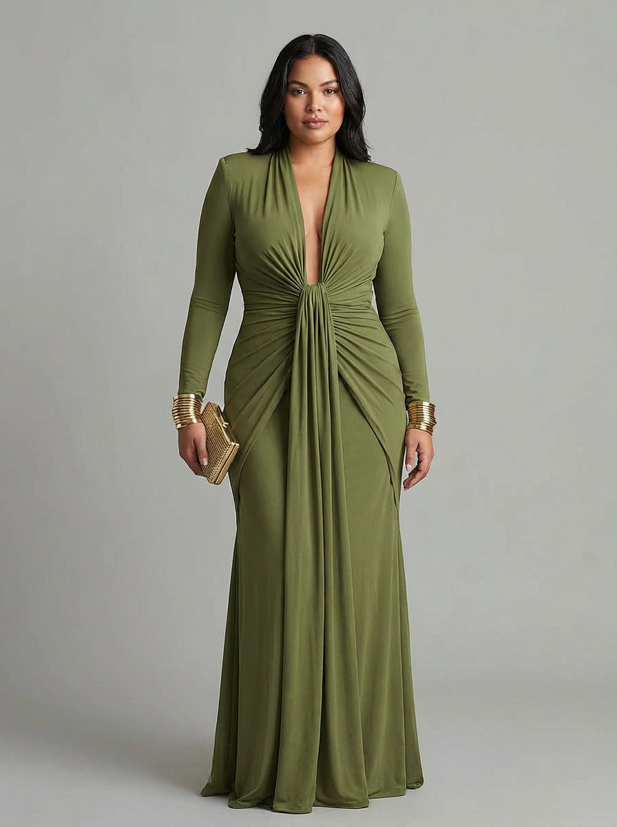 Petra Green Long Dress in Stretch Silk with Deep V-Neck and Ruffled Details, Glamour Maxi Dress