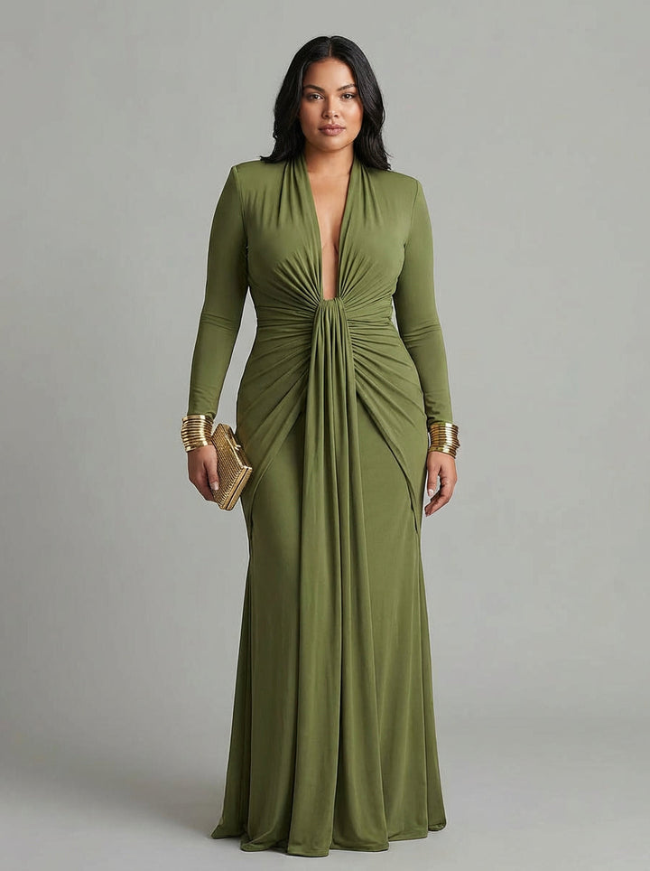 Petra Green Long Dress in Stretch Silk with Deep V-Neck and Ruffled Details, Glamour Maxi Dress