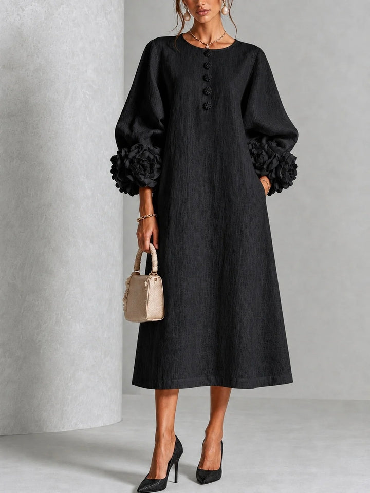 A-Line Midi Dress with Puff Sleeves and 3D Flower Details