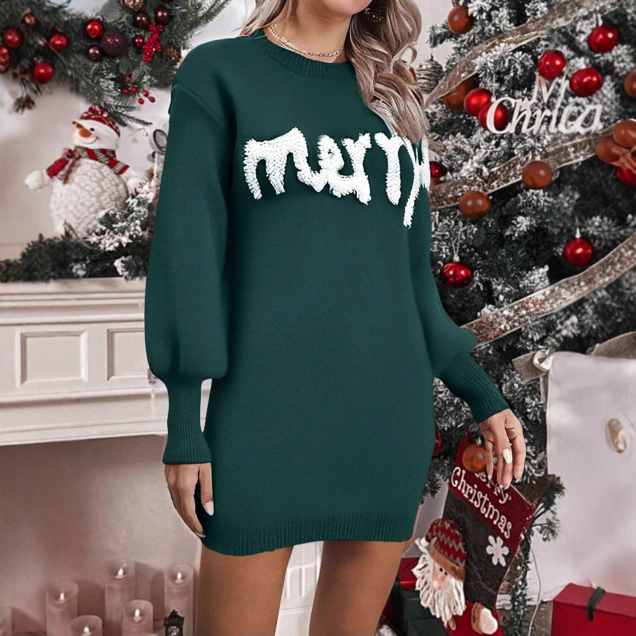 Knit Sweater Dress with Lantern Sleeves and Round Neck for Women