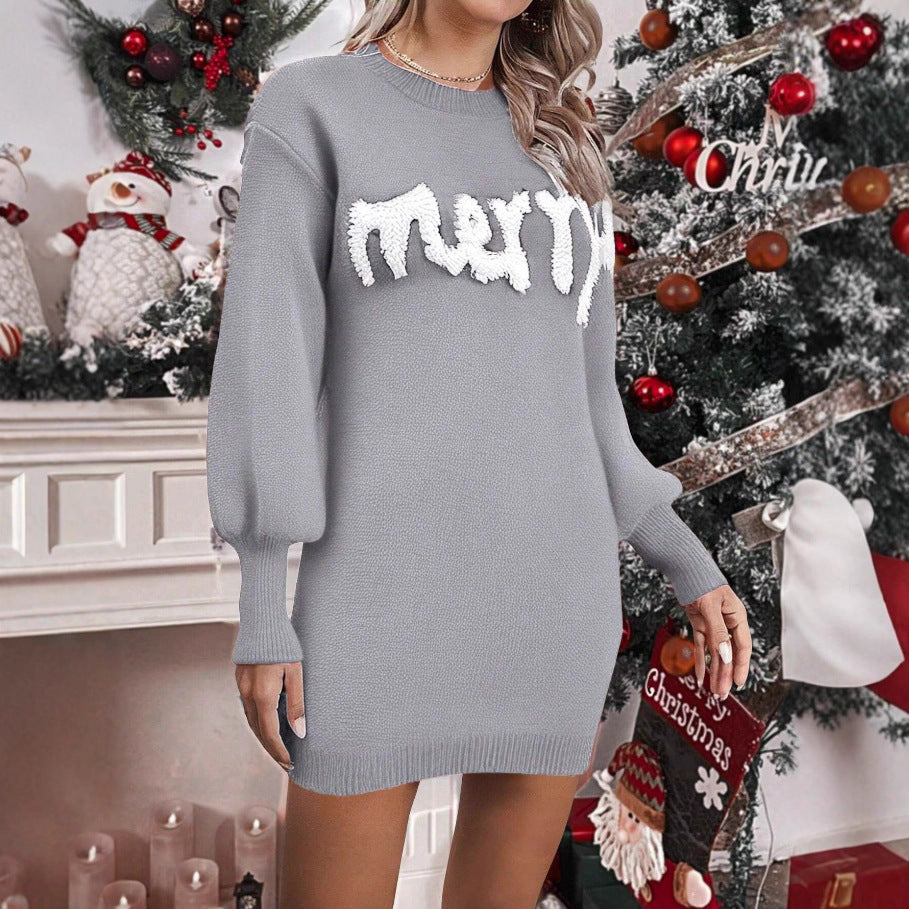 Knit Sweater Dress with Lantern Sleeves and Round Neck for Women
