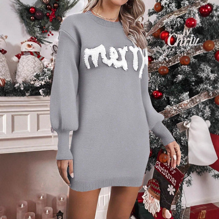 Knit Sweater Dress with Lantern Sleeves and Round Neck for Women