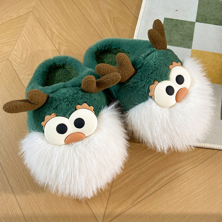 Cartoon Christmas Deer Slippers – Plush Half-Heel House Shoes