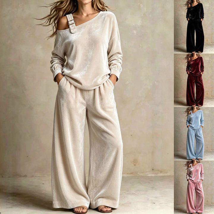 Velvet Off-Shoulder Two-Piece Set, Soft Matching Outfit