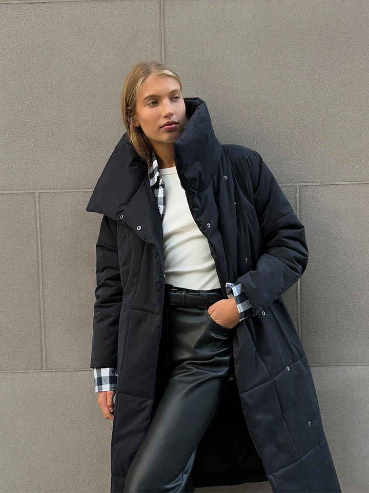 Long Padded Coat for Women, Warm Lace-Up Thick Winter Jacket