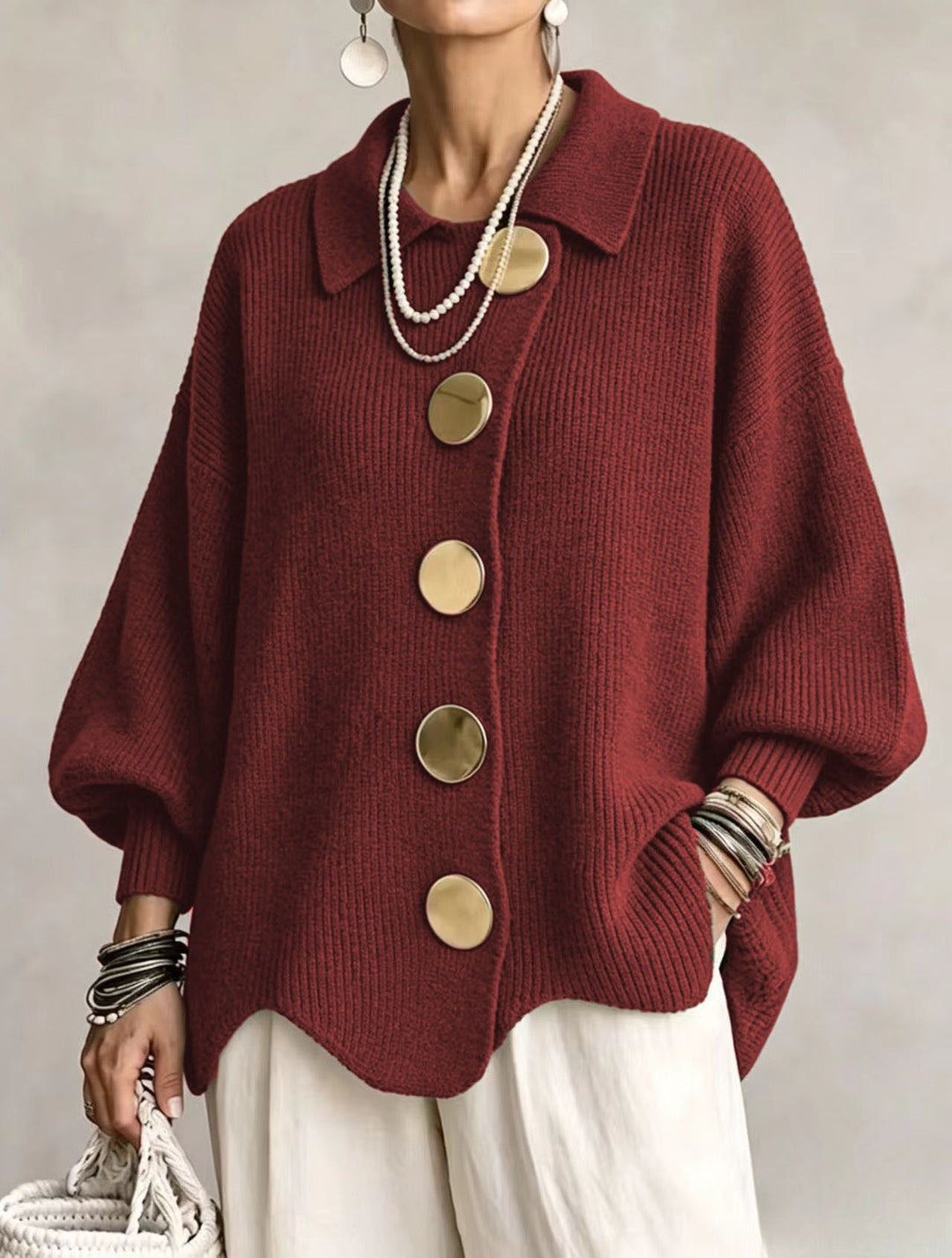 Button-Up Knit Cardigan with Lapel, Loose Fit Long Sleeve