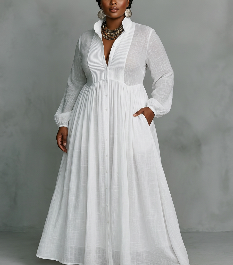 Vera - Maxi Minimalist Dress with Patchwork, High Collar and Long Sleeves