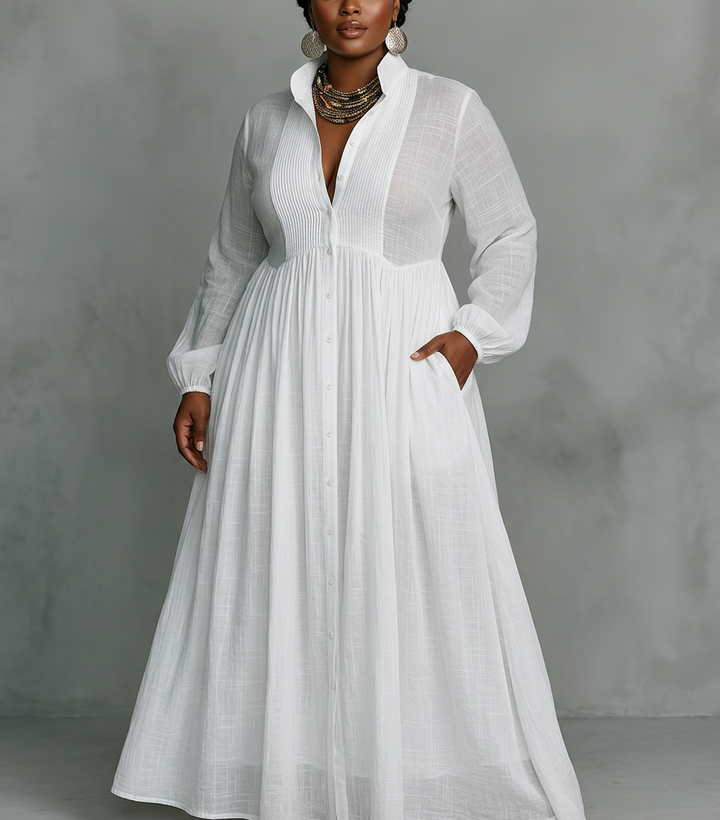 Vera - Maxi Minimalist Dress with Patchwork, High Collar and Long Sleeves