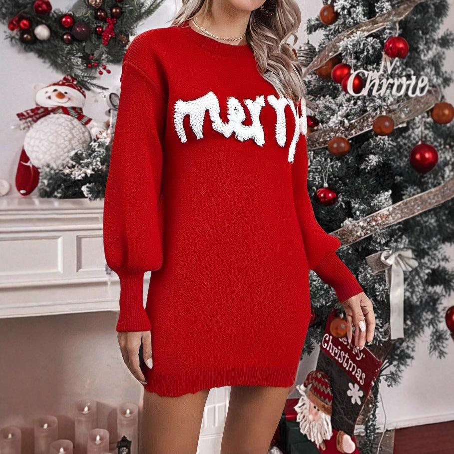 Knit Sweater Dress with Lantern Sleeves and Round Neck for Women