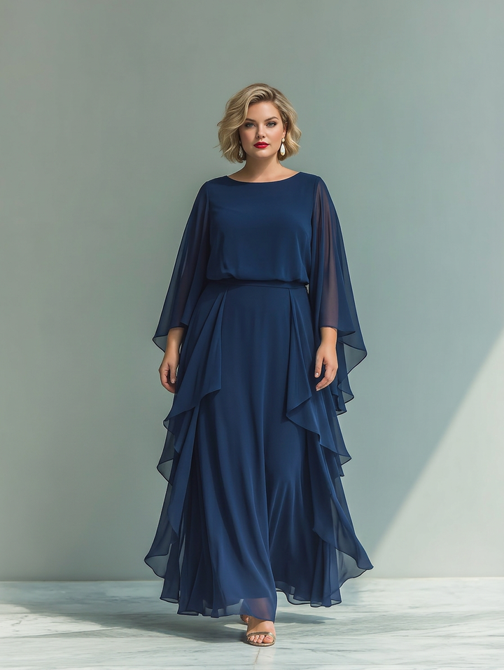 Navy Blue Chiffon Top Set with Flared Sleeves and Straight Leg Pants with Ruché Details