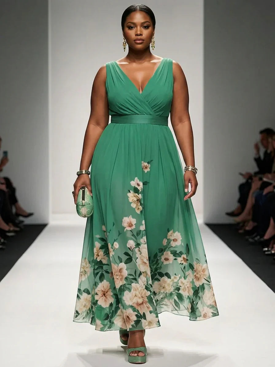 Salma | Light Blue Floral Chiffon V-Neck Maxi Dress