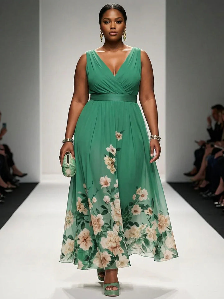 Salma | Light Blue Floral Chiffon V-Neck Maxi Dress
