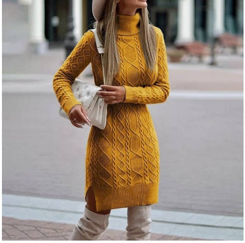 Turtleneck Sweater Dress for Women, Knit Dress with Slit