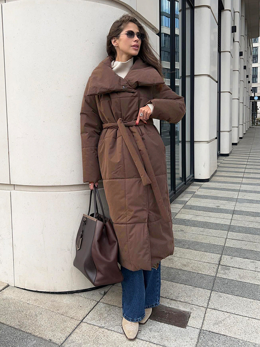 Long Padded Coat for Women, Warm Lace-Up Thick Winter Jacket