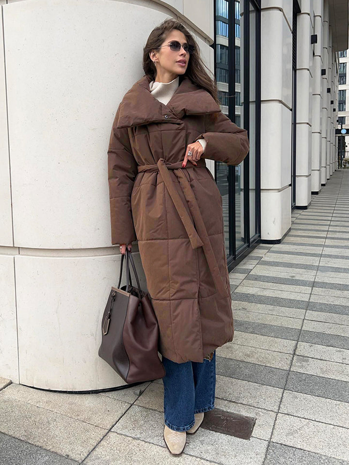 Long Padded Coat for Women, Warm Lace-Up Thick Winter Jacket