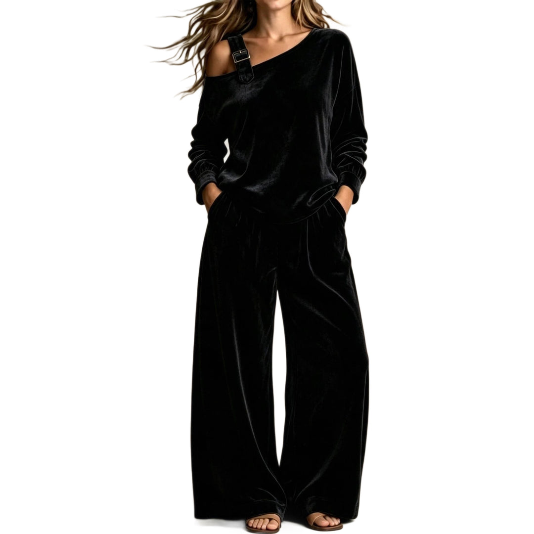Velvet Off-Shoulder Two-Piece Set, Soft Matching Outfit