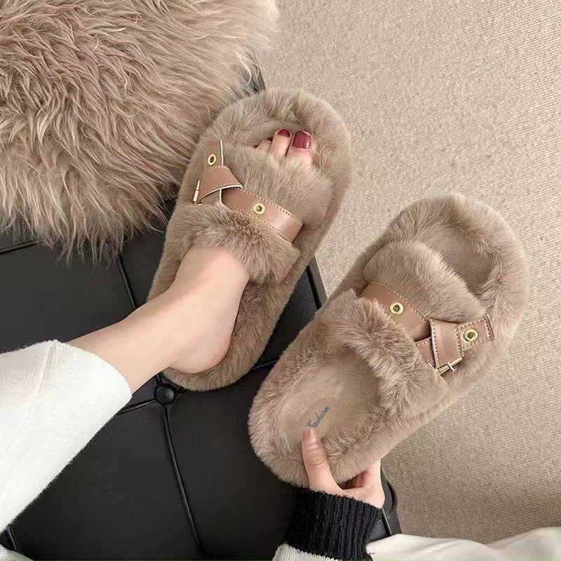 Fluffy Open Toe Slippers for Women with Faux Leather Ring