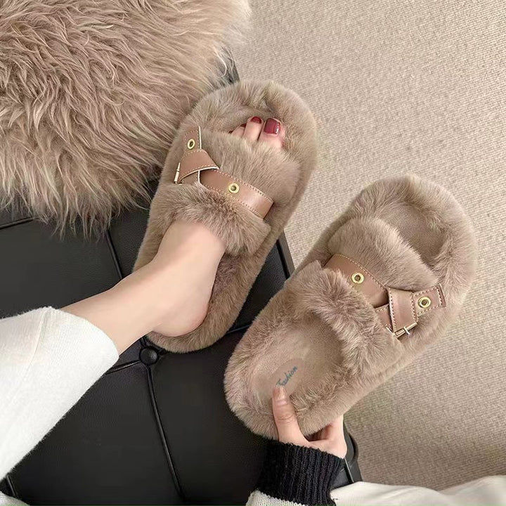 Fluffy Open Toe Slippers for Women with Faux Leather Ring