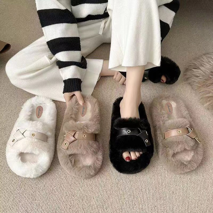 Fluffy Open Toe Slippers for Women with Faux Leather Ring
