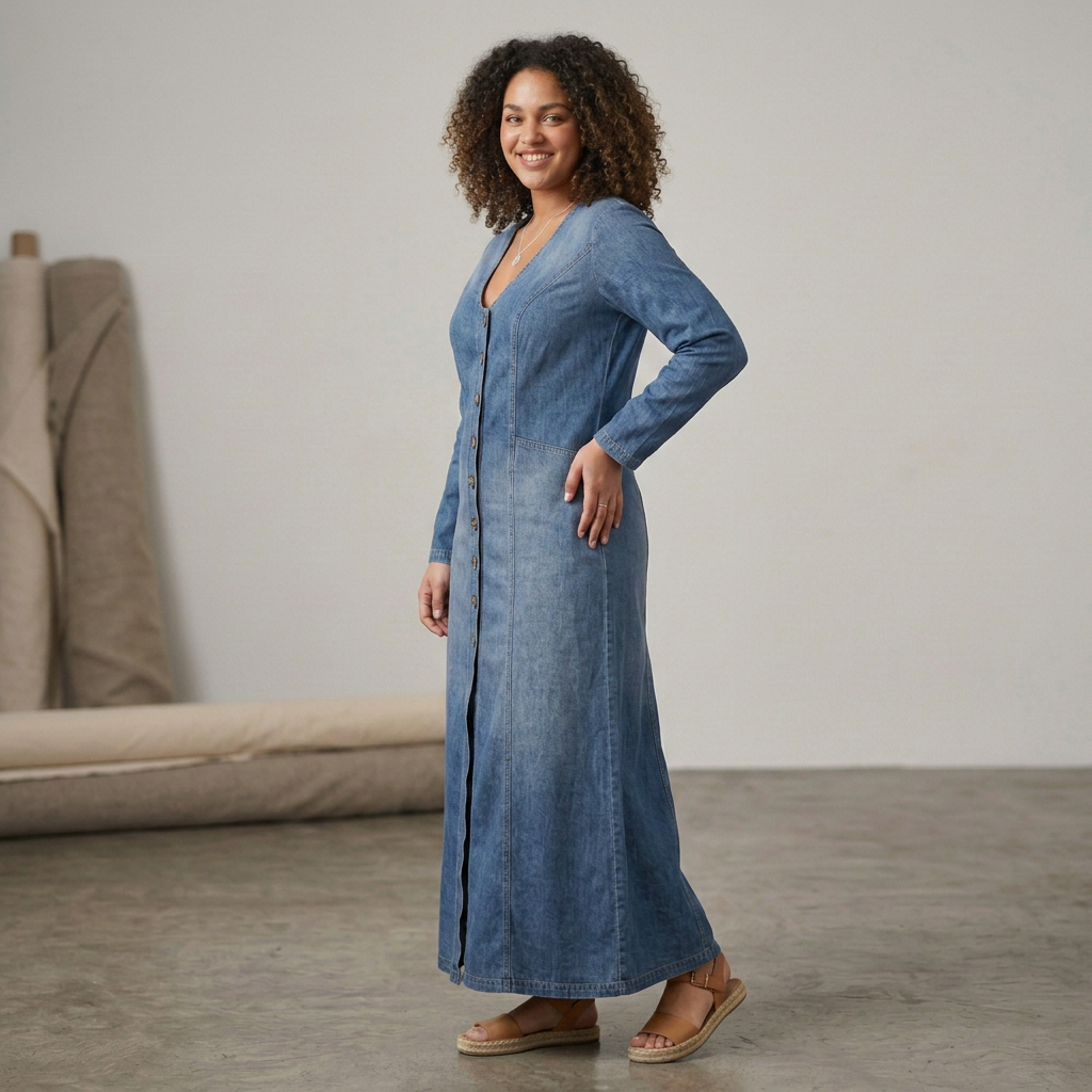 Mei Button-Front Maxi Denim Dress
