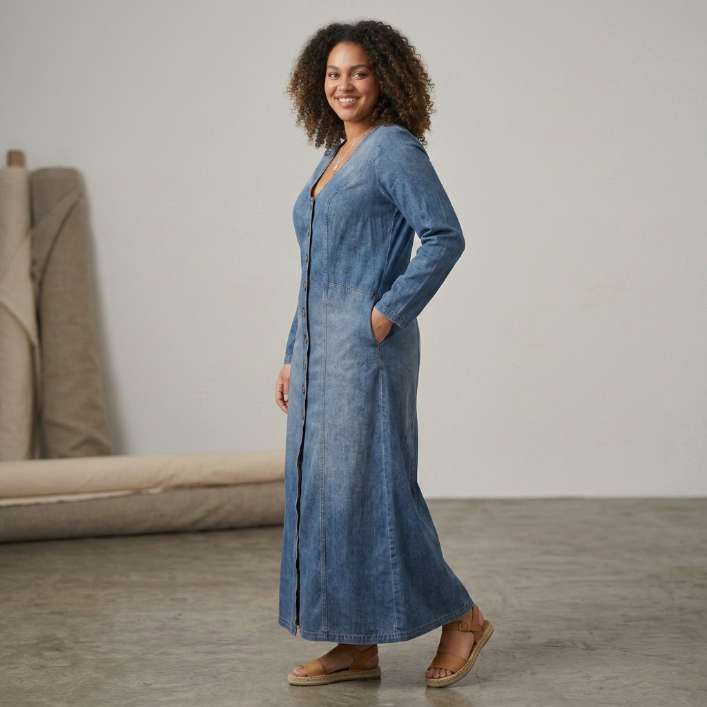 Mei Button-Front Maxi Denim Dress