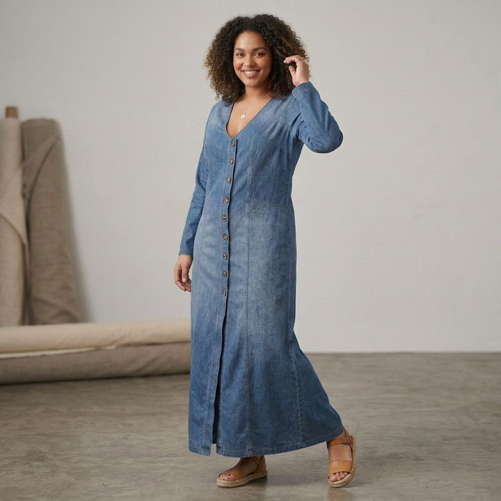 Mei Button-Front Maxi Denim Dress