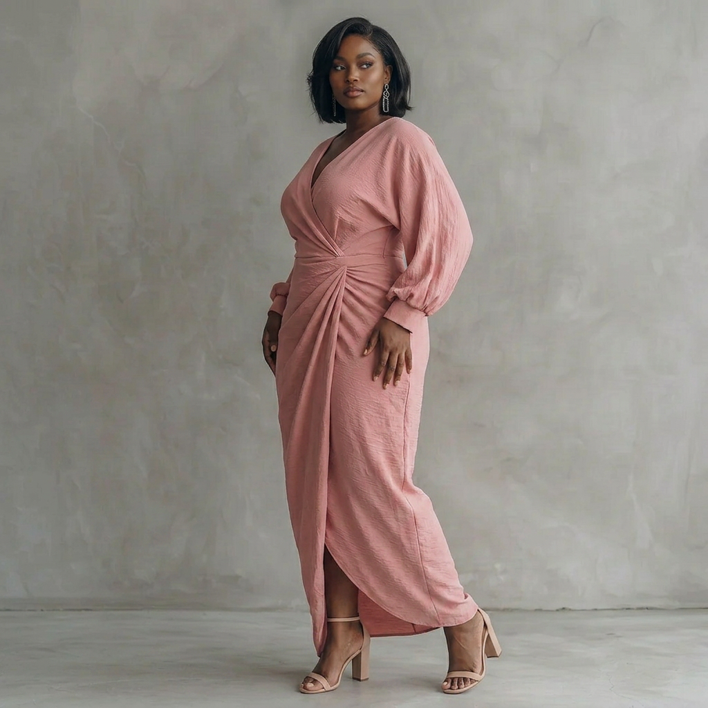 Pink Minimalist Maxi Dress with V-Neck for Women