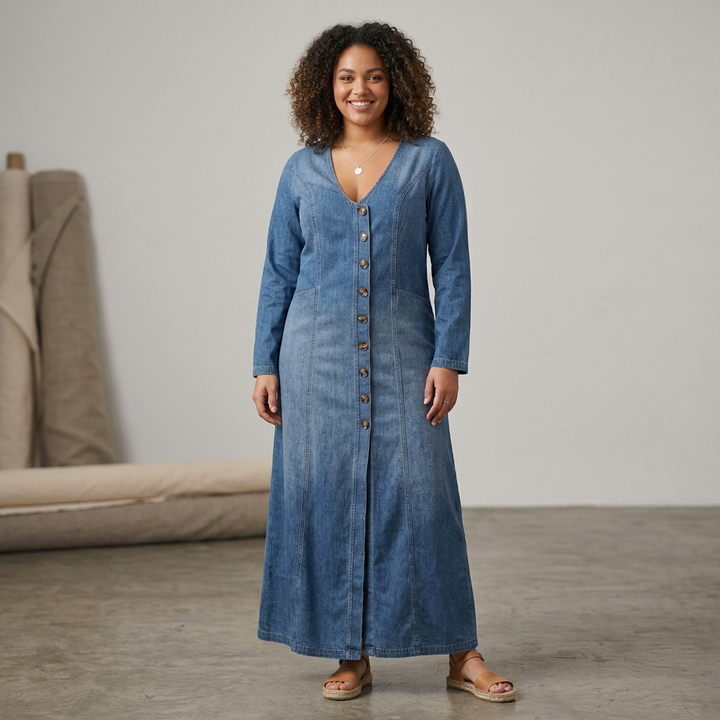 Mei Button-Front Maxi Denim Dress