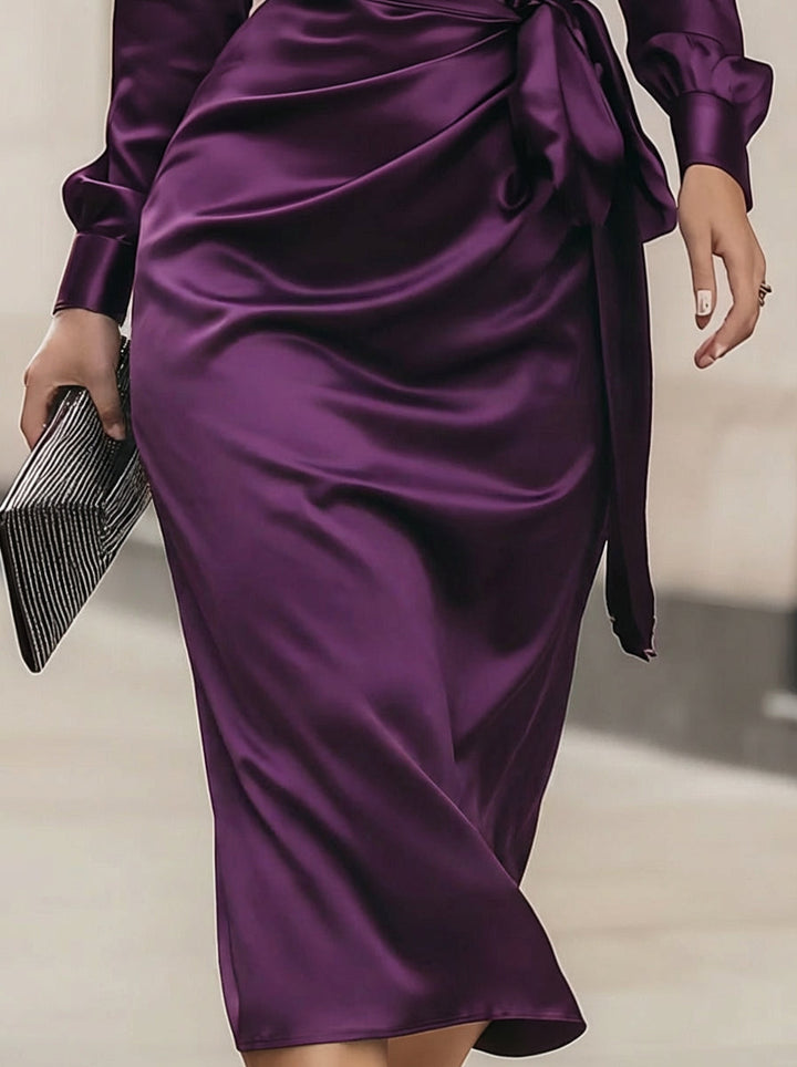 Soleil | Deep Plum Satin Wrap Midi Dress