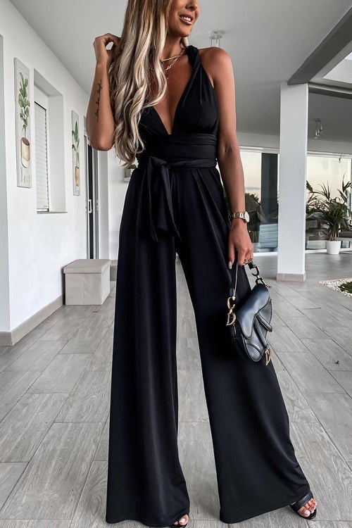 Edith - Solid Color Slim V Neck Lace Up Sleeveless Jumpsuit