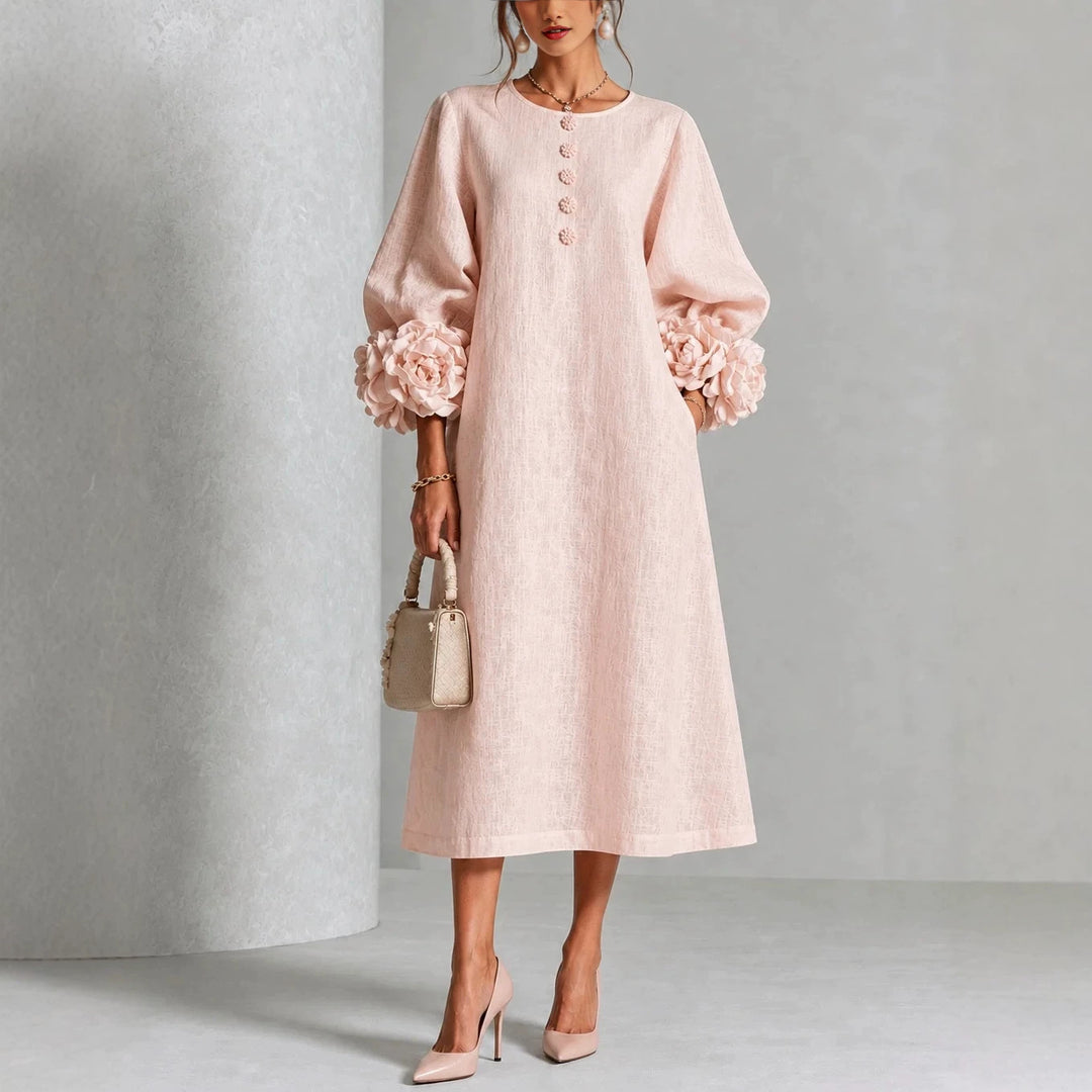 A-Line Midi Dress with Puff Sleeves and 3D Flower Details