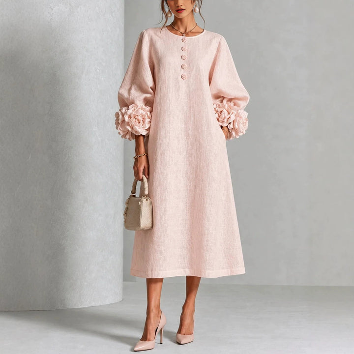 A-Line Midi Dress with Puff Sleeves and 3D Flower Details