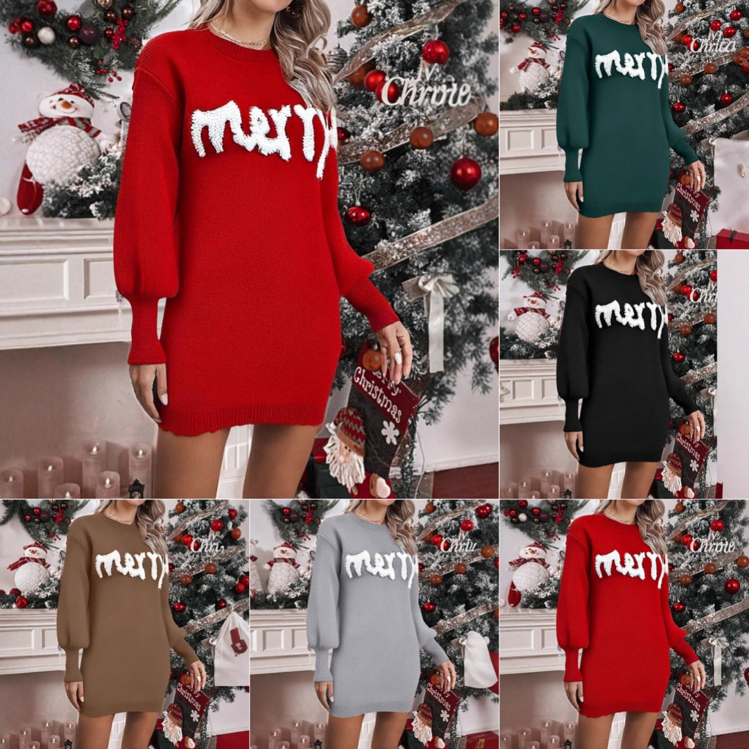Knit Sweater Dress with Lantern Sleeves and Round Neck for Women