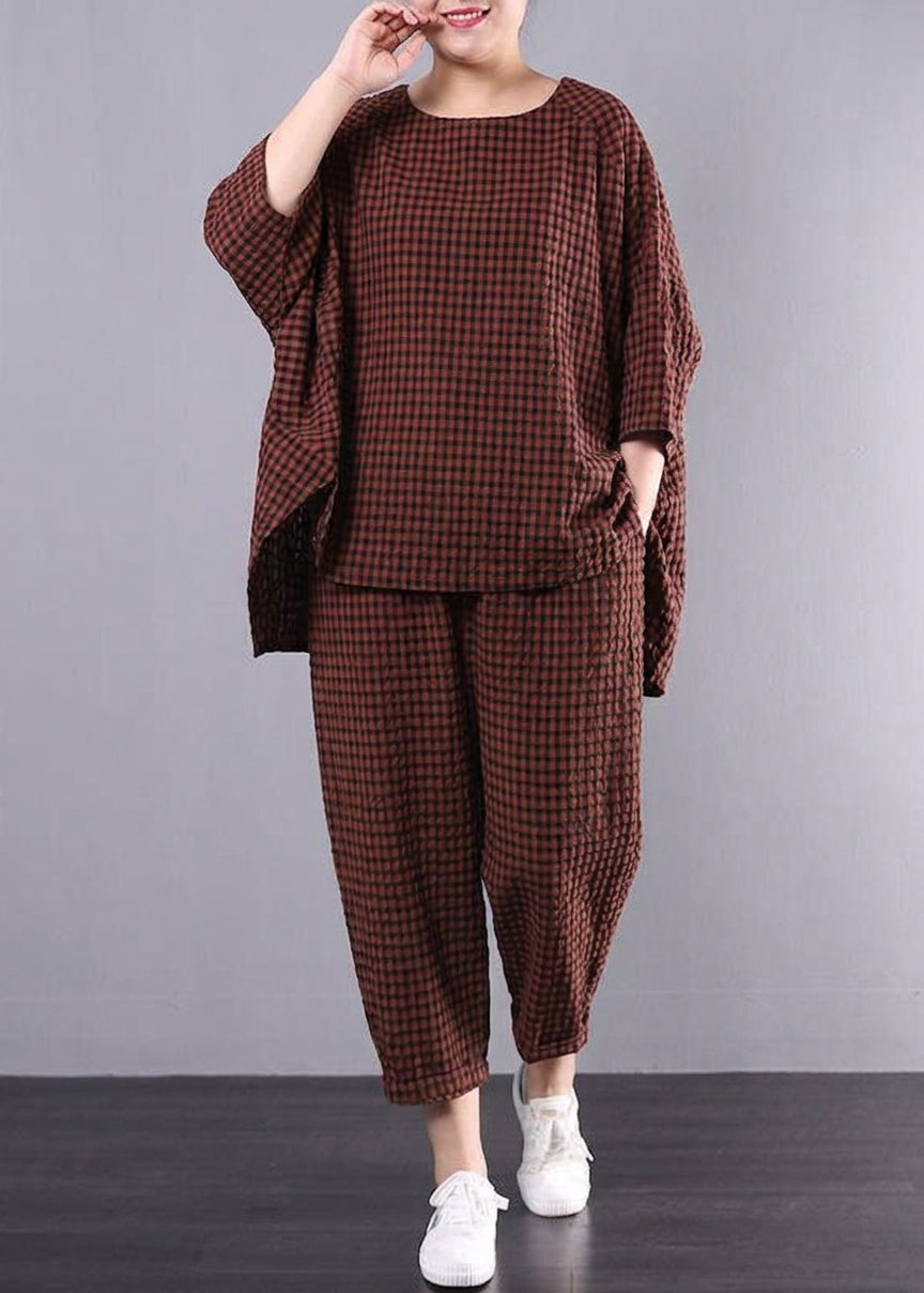 Elke - Casual Plus Size Cotton Linen red Plaid Vintage Blouse And Pants