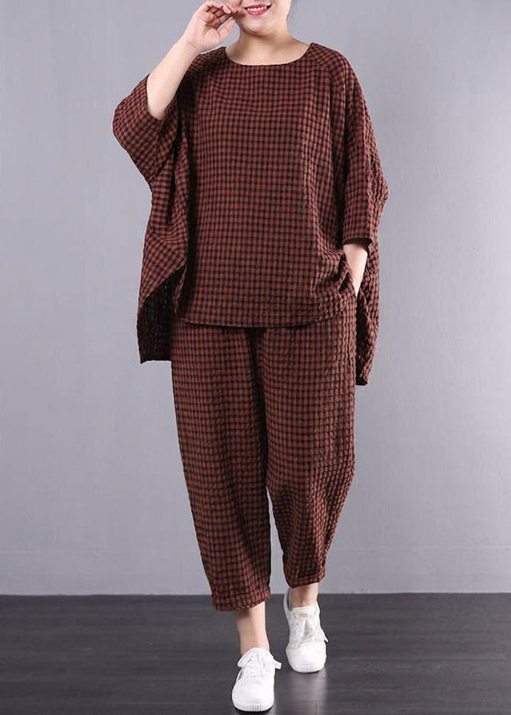 Elke - Casual Plus Size Cotton Linen red Plaid Vintage Blouse And Pants