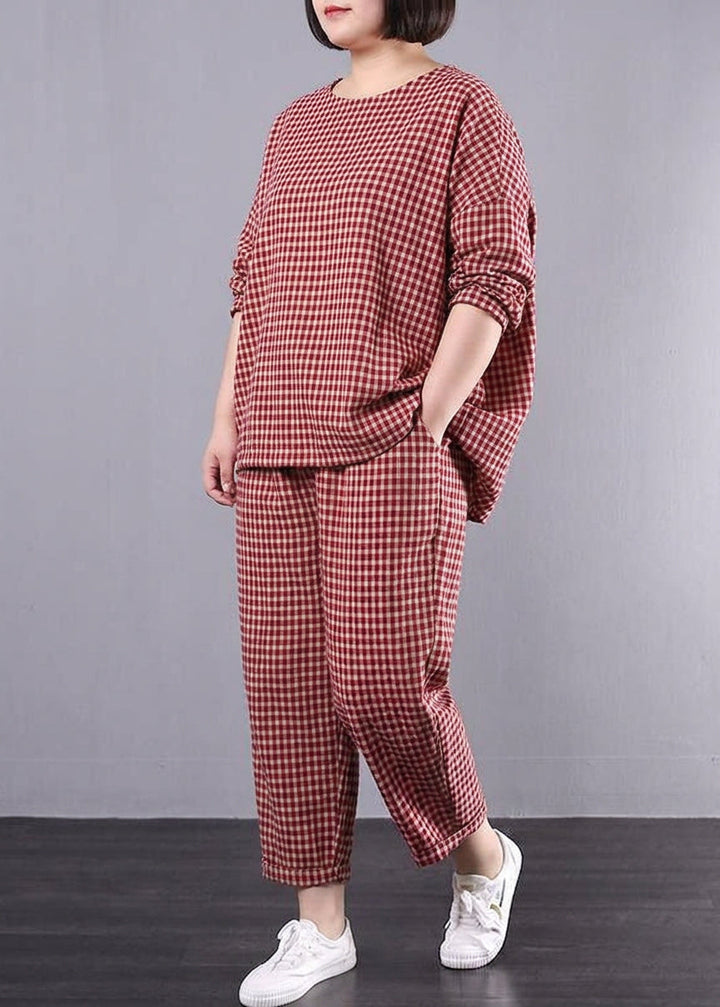 Elke - Casual Plus Size Cotton Linen red Plaid Vintage Blouse And Pants