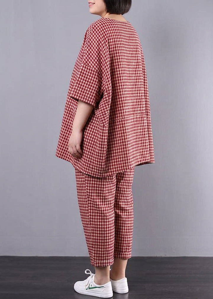 Elke - Casual Plus Size Cotton Linen red Plaid Vintage Blouse And Pants