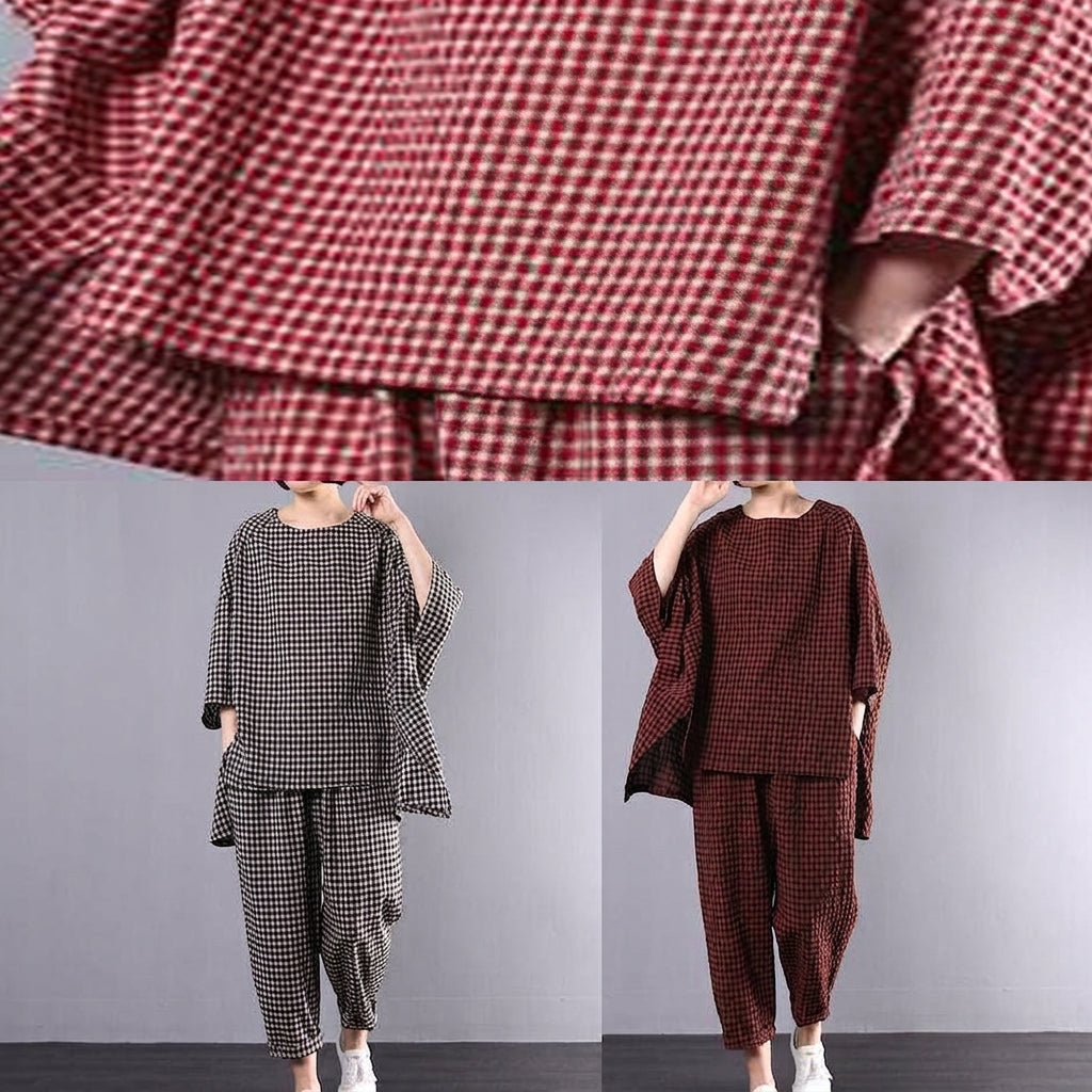 Elke - Casual Plus Size Cotton Linen red Plaid Vintage Blouse And Pants