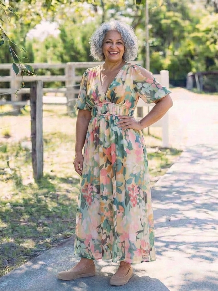 Amara | V Neck Short Sleeve Gathered Waist Midi Dress