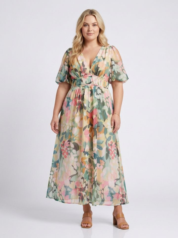 Amara | V Neck Short Sleeve Gathered Waist Midi Dress