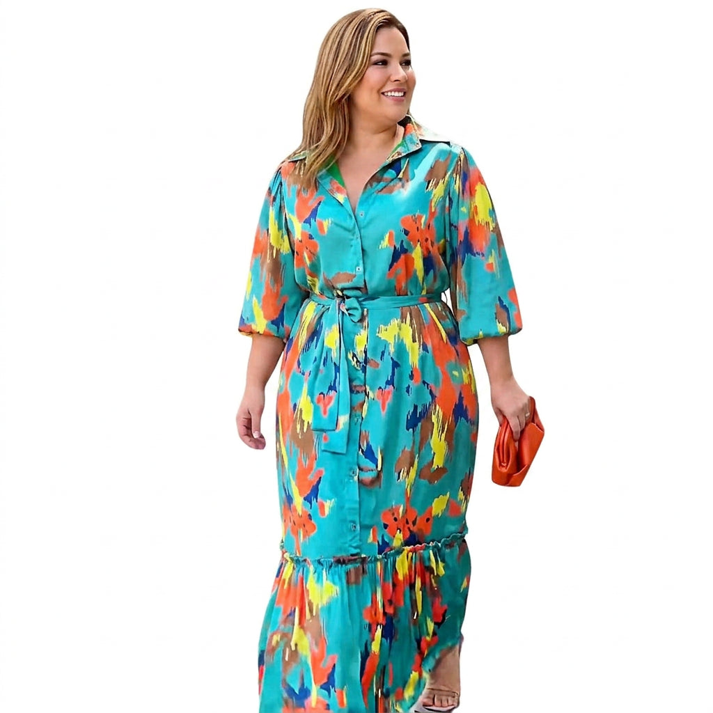 Jolie Printing Lapel Maxi Dress: Elegant Vintage Flow