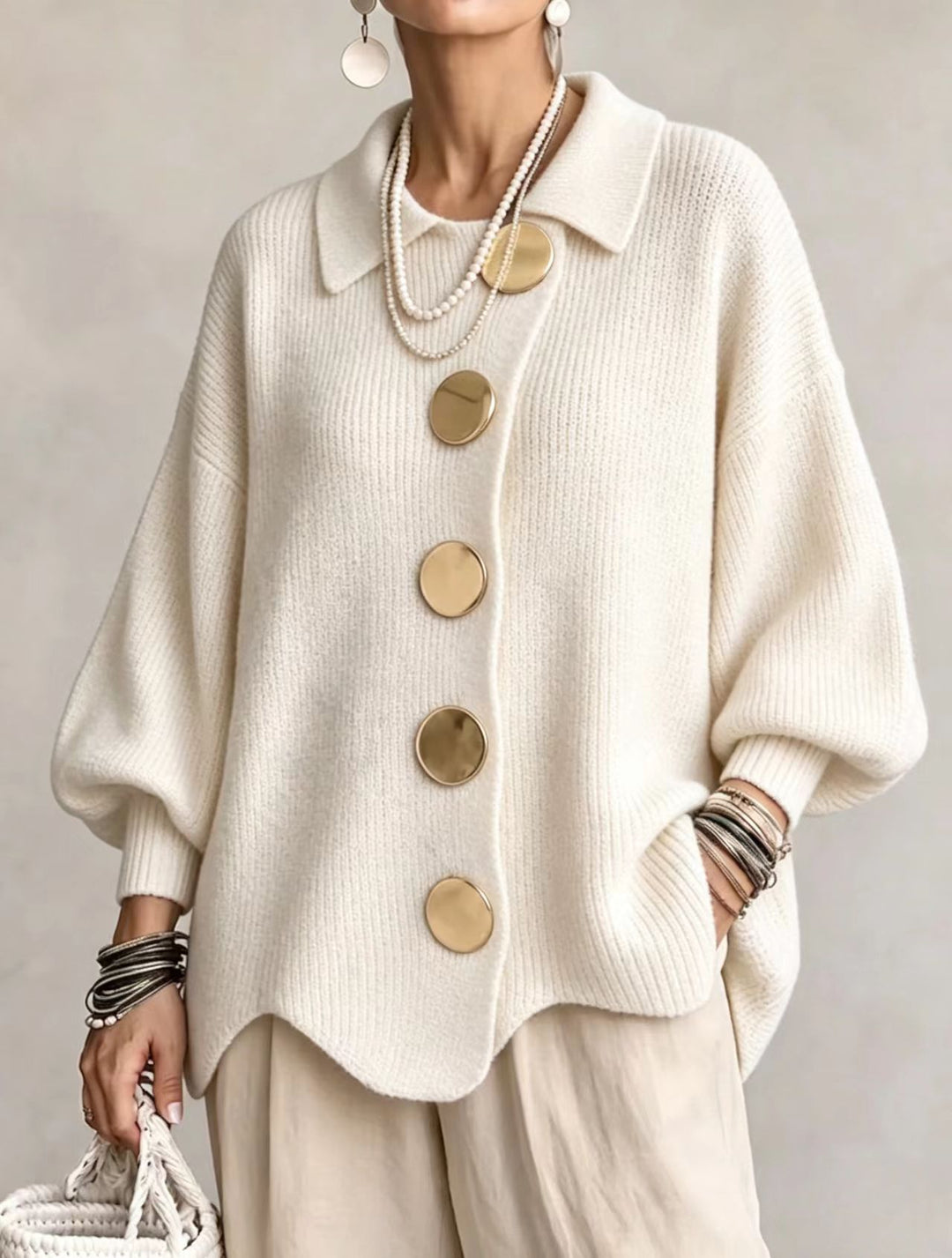 Button-Up Knit Cardigan with Lapel, Loose Fit Long Sleeve