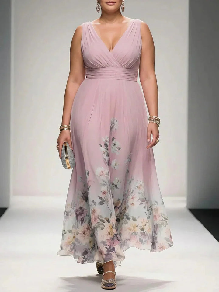 Salma | Light Blue Floral Chiffon V-Neck Maxi Dress